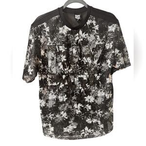 Ivy Park Women's Black Mesh Short Sleeve Jersey, Floral embroidered Logo, XS